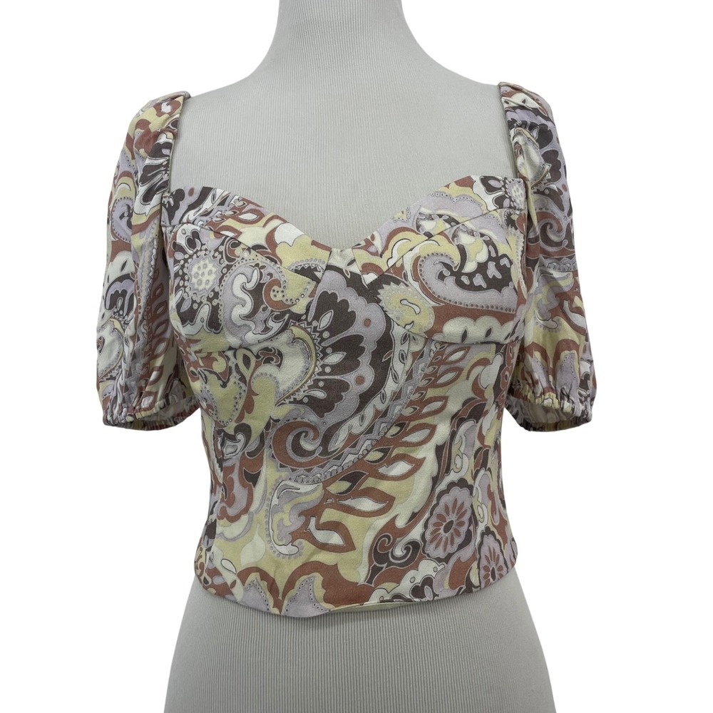 Wilfred Size Small Novella Paisley Crop Top Multicolor Puff Sleeve Sweetheart